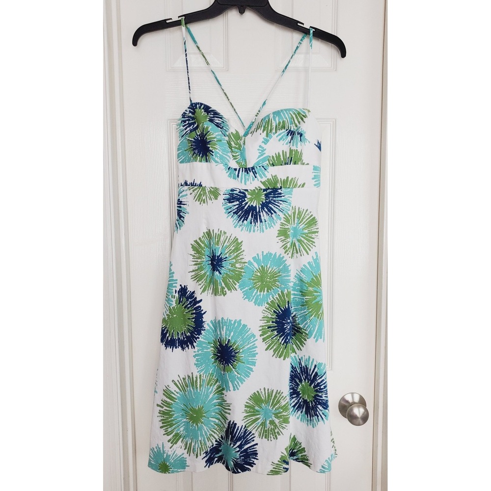 Vtg Helen Wang New York Sundress White Blue Green Floral Abstract Print Size 10‎
